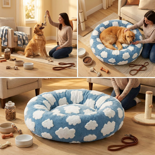 Round blue cloud patterned donut dog bed with a raised plush rim