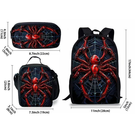 Spider print school bag set with backpack, insulated lunch bag and pencil case