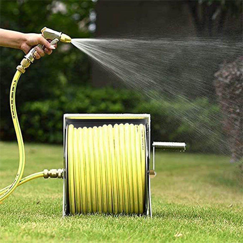 Stainless steel hose reel cart with cover, crank handle and wall hooks