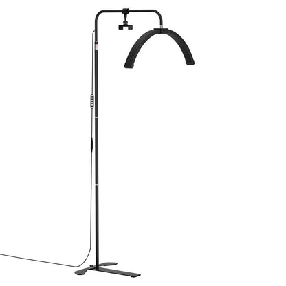 Half moon LED beauty light on a stand with detachable phone holder