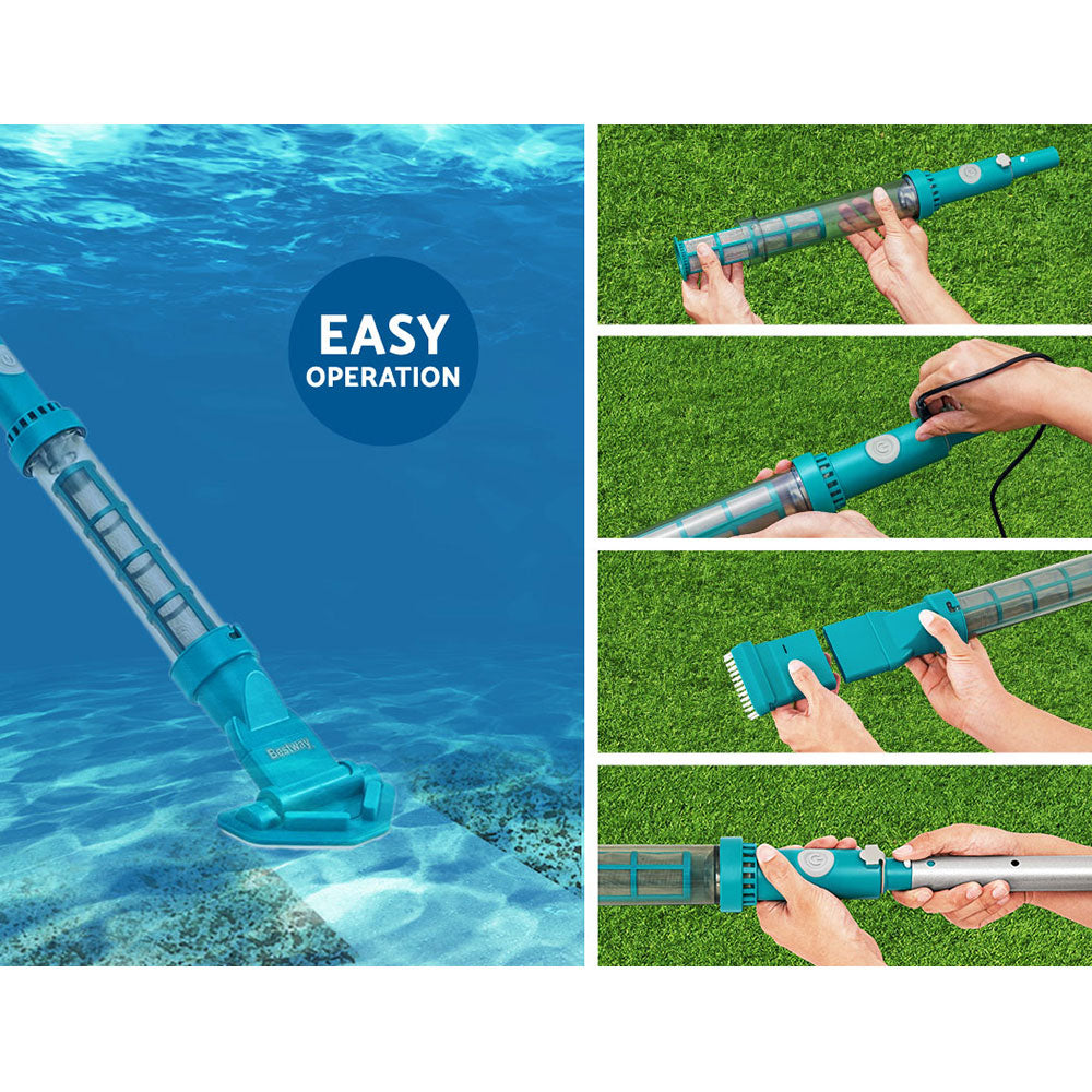 Bestway cordless pool vacuum with extendable pole and white and blue body