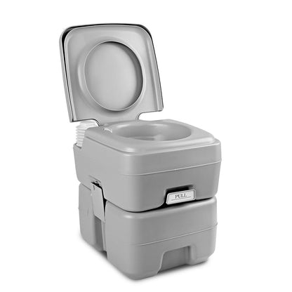 Grey portable camping toilet with flush and separate freshwater tank