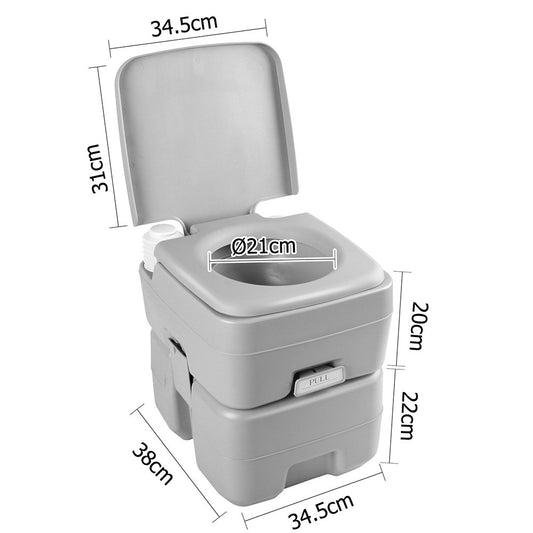 Grey portable camping toilet with flush and separate freshwater tank