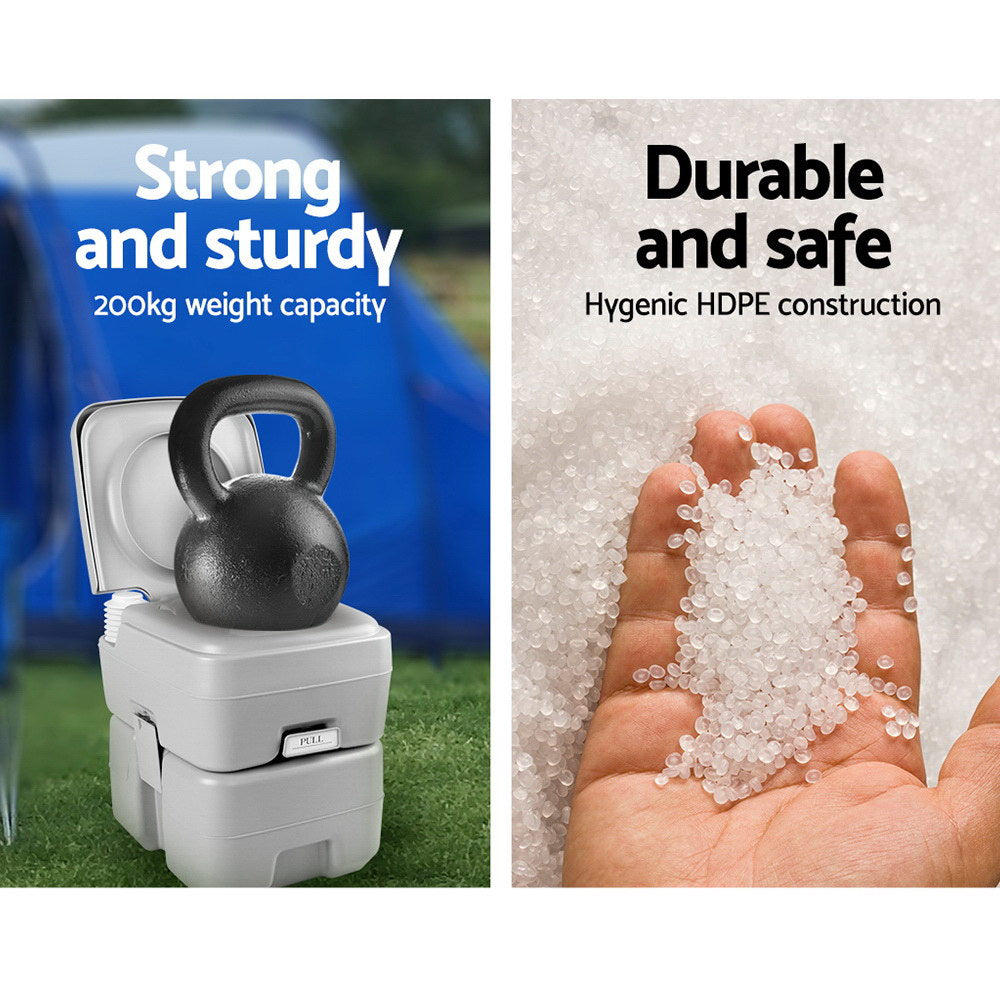 Grey portable camping toilet with flush and separate freshwater tank