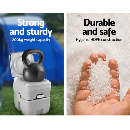 Grey portable camping toilet with flush and separate freshwater tank