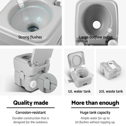 Grey portable camping toilet with flush and separate freshwater tank