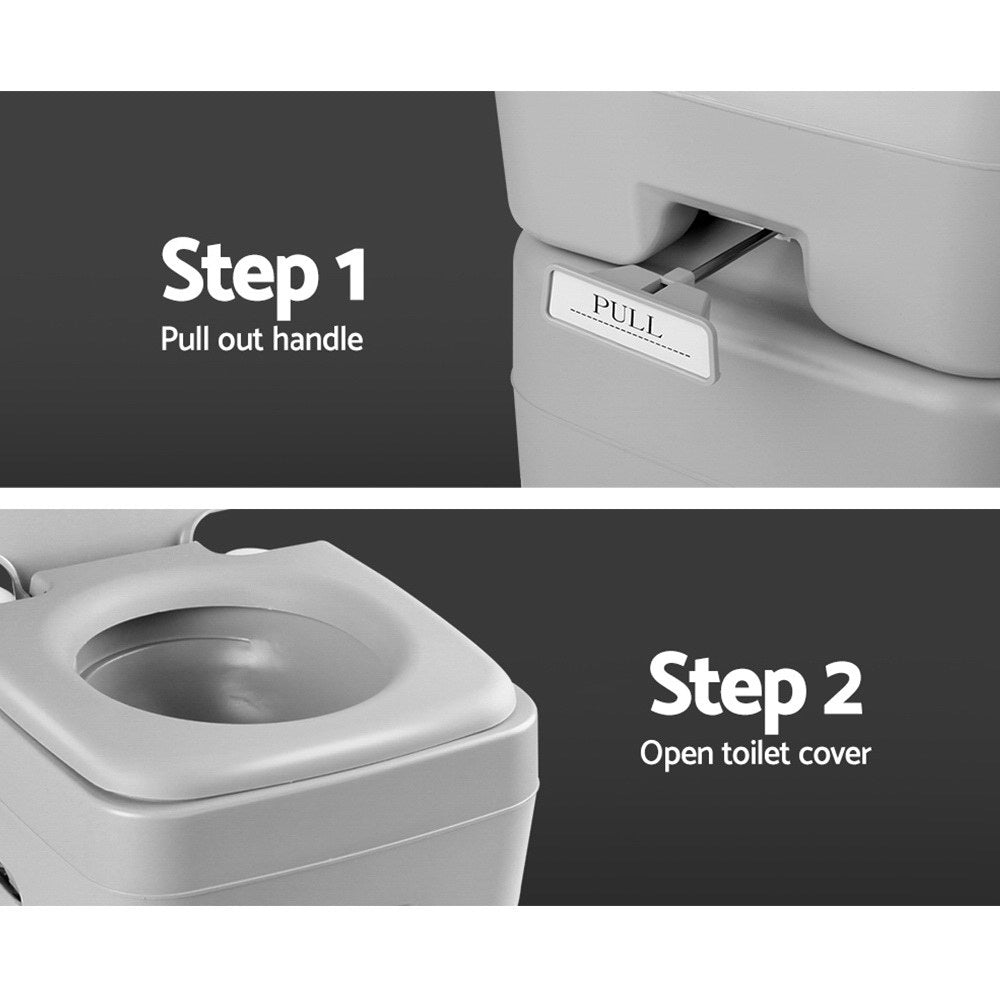Grey portable camping toilet with flush and separate freshwater tank