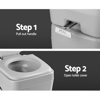 Grey portable camping toilet with flush and separate freshwater tank