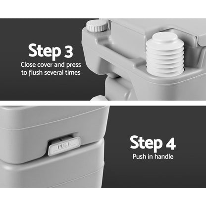 Grey portable camping toilet with flush and separate freshwater tank