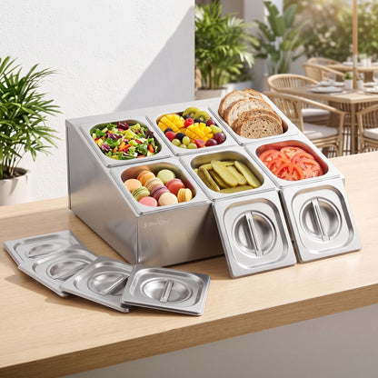 Stainless steel six pan food display container with lids on a bench