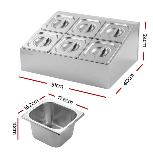 Stainless steel six pan food display container with lids on a bench