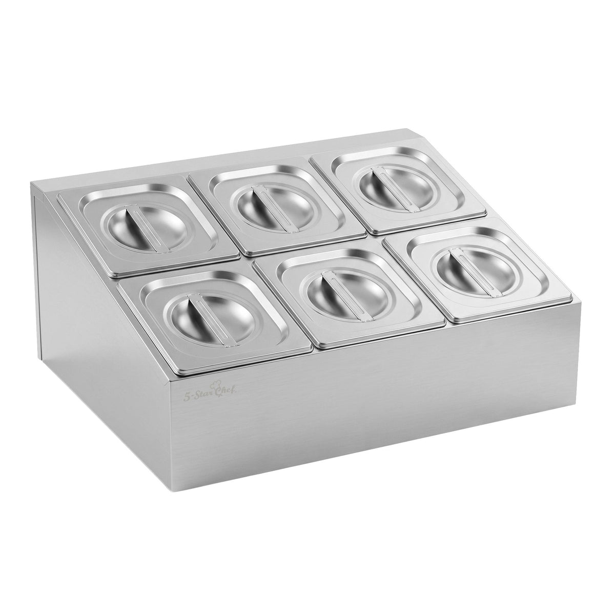 Stainless steel six pan food display container with lids on a bench