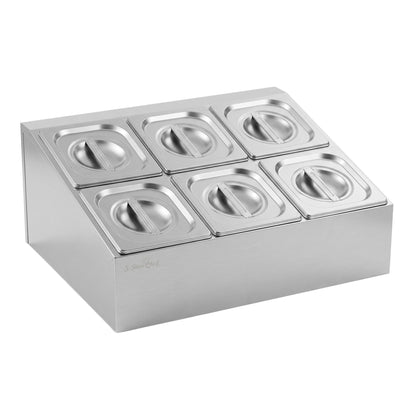 Stainless steel six pan food display container with lids on a bench