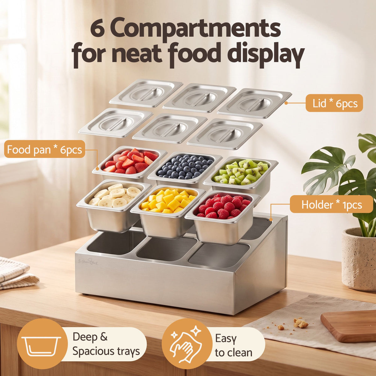Stainless steel six pan food display container with lids on a bench