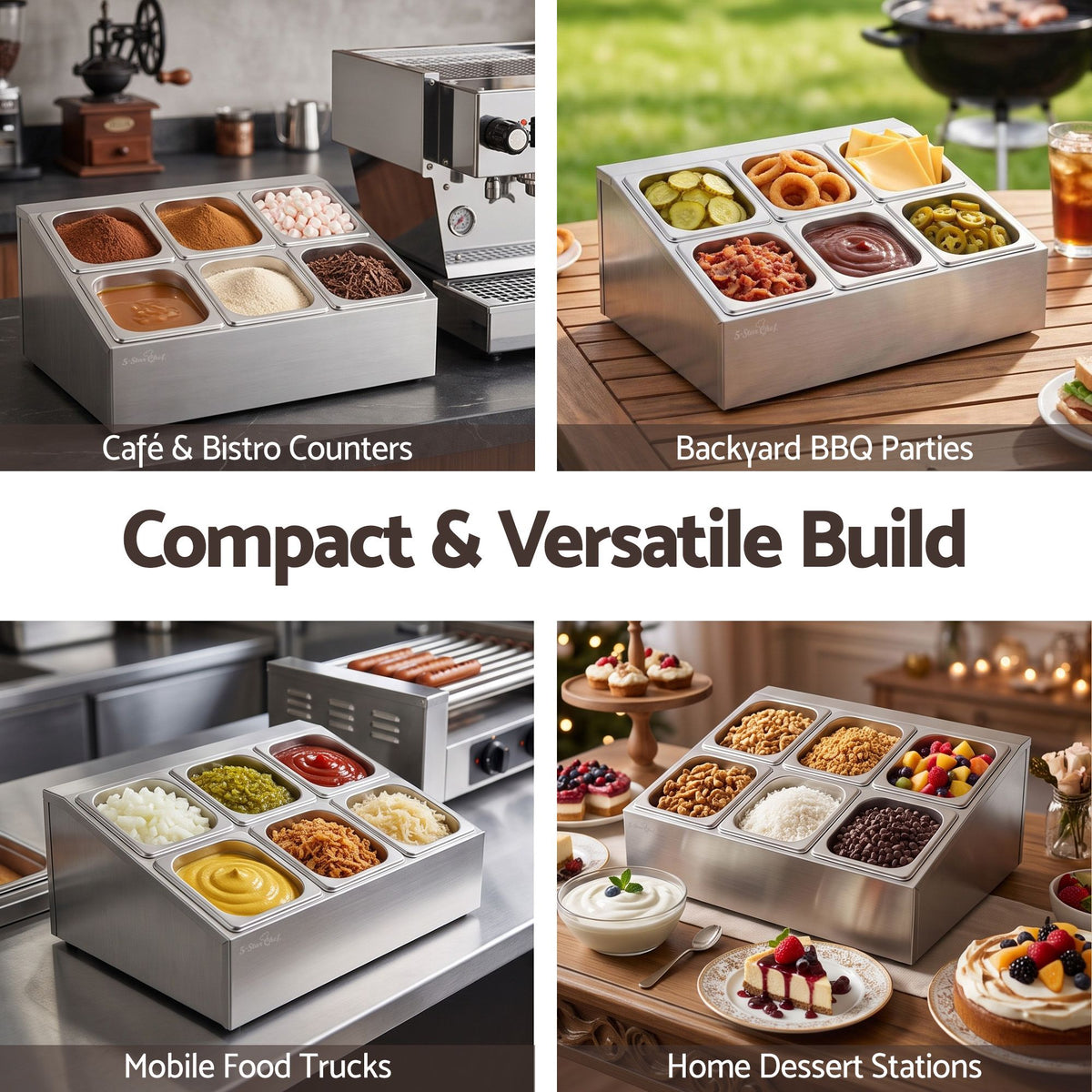 Stainless steel six pan food display container with lids on a bench