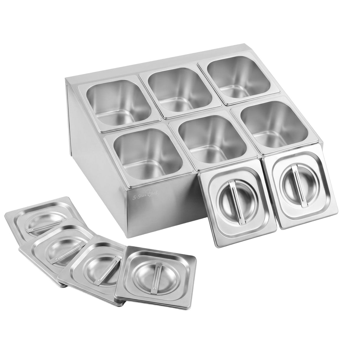 Stainless steel six pan food display container with lids on a bench