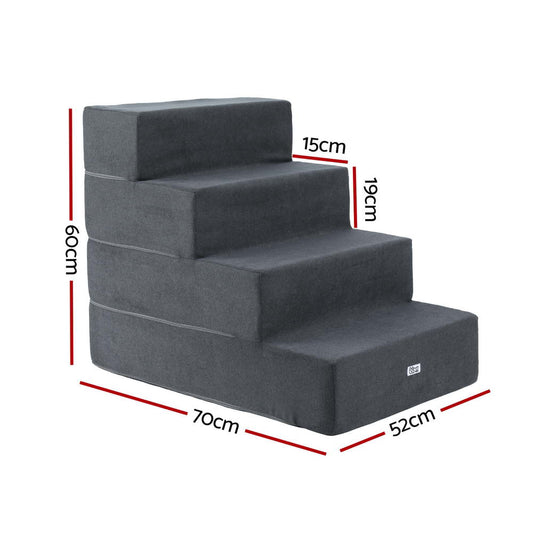 Dark grey foam dog ramp and step with four steps for sofas or beds
