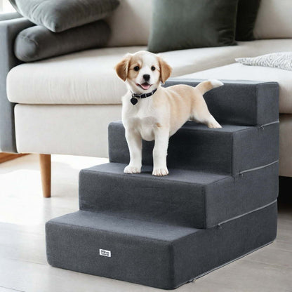 Dark grey foam dog ramp and step with four steps for sofas or beds