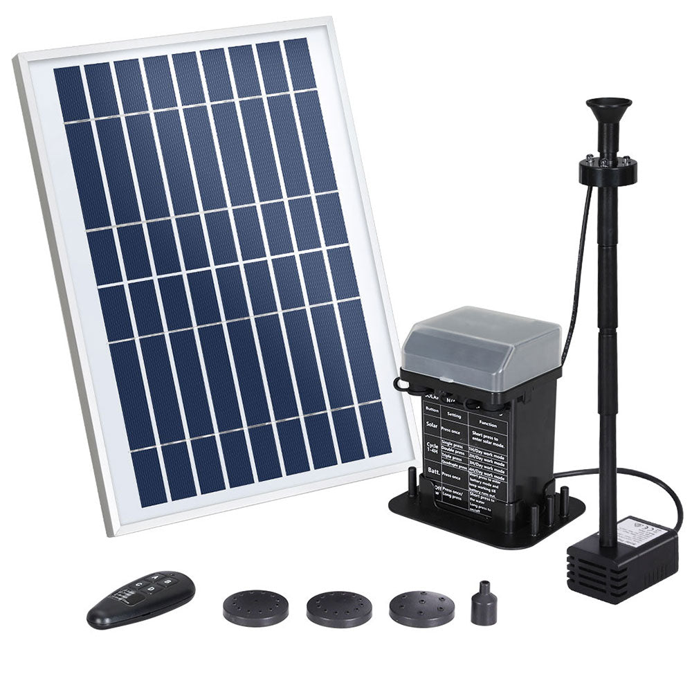 Solar fountain pump kit with panel, battery, remote and LED lights for a garden pond