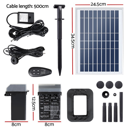 Solar fountain pump kit with panel, battery, remote and LED lights for a garden pond