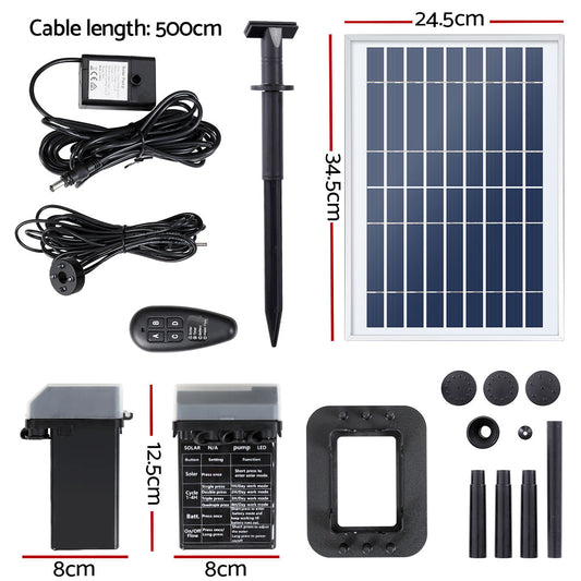 Solar fountain pump kit with panel, battery, remote and LED lights for a garden pond