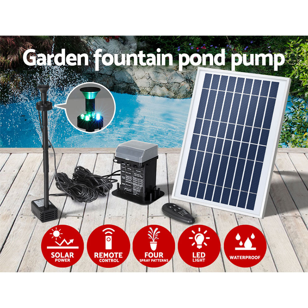 Solar fountain pump kit with panel, battery, remote and LED lights for a garden pond