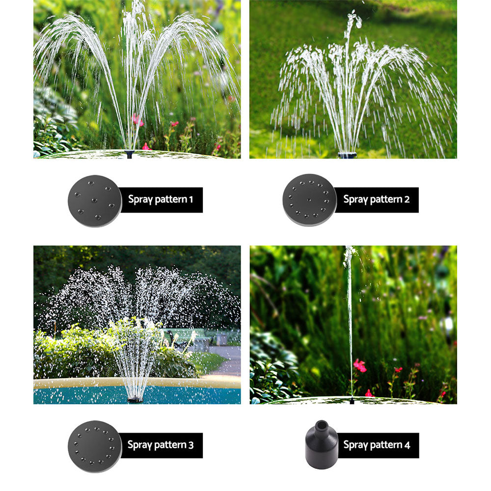 Solar fountain pump kit with panel, battery, remote and LED lights for a garden pond