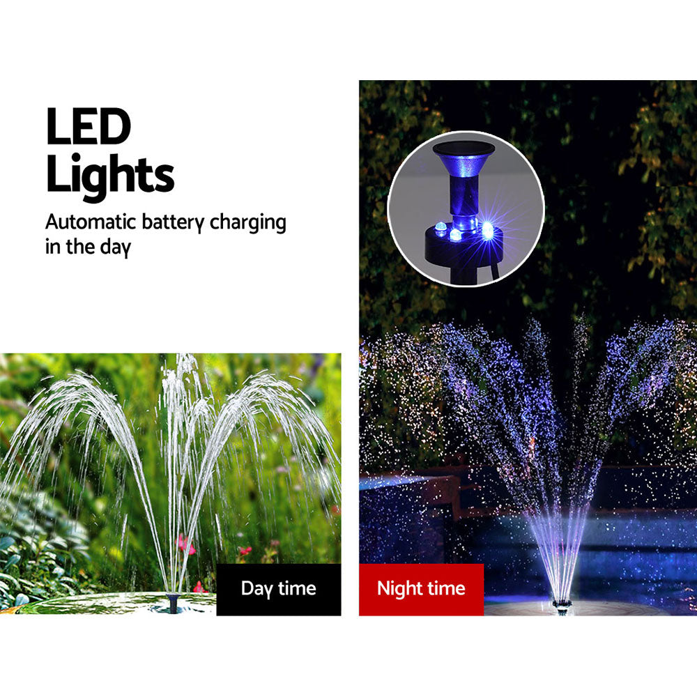Solar fountain pump kit with panel, battery, remote and LED lights for a garden pond