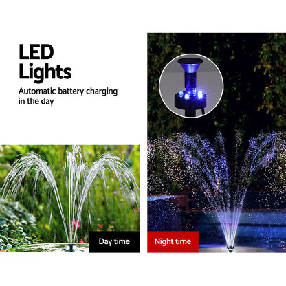 Solar fountain pump kit with panel, battery, remote and LED lights for a garden pond