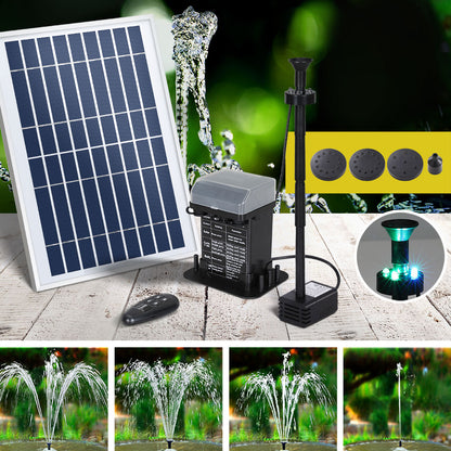 Solar fountain pump kit with panel, battery, remote and LED lights for a garden pond