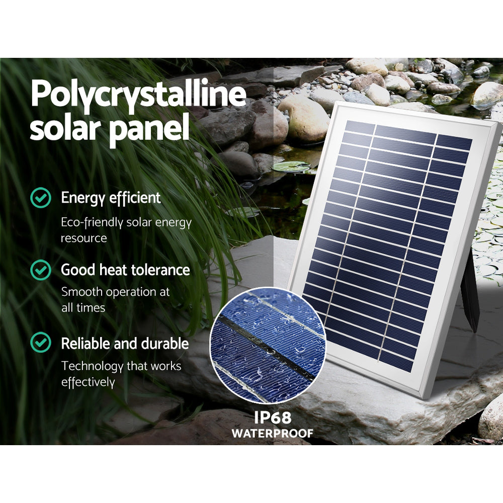 Solar powered garden fountain with LED lights, pump and solar panel