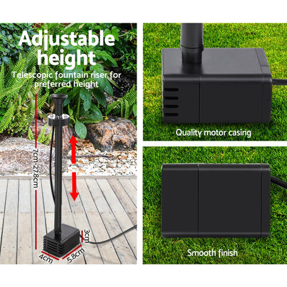 Solar powered garden fountain with LED lights, pump and solar panel