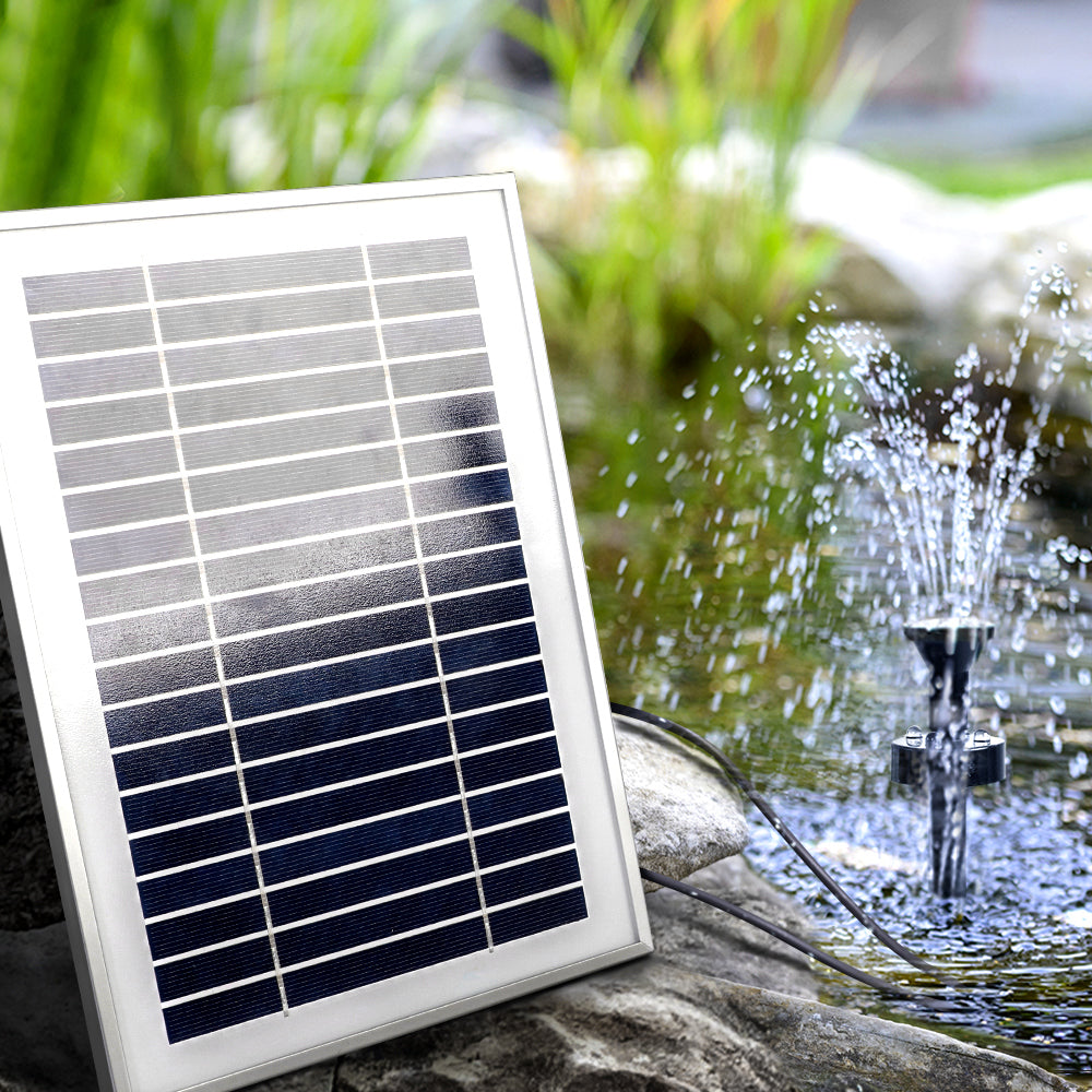 Solar powered garden fountain with LED lights, pump and solar panel