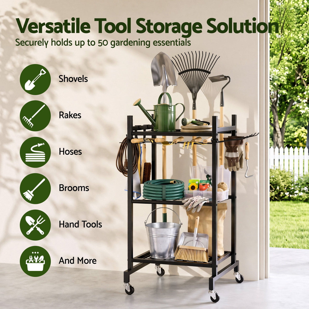 Black wheeled garden tool organiser cart holding rakes and shovels upright