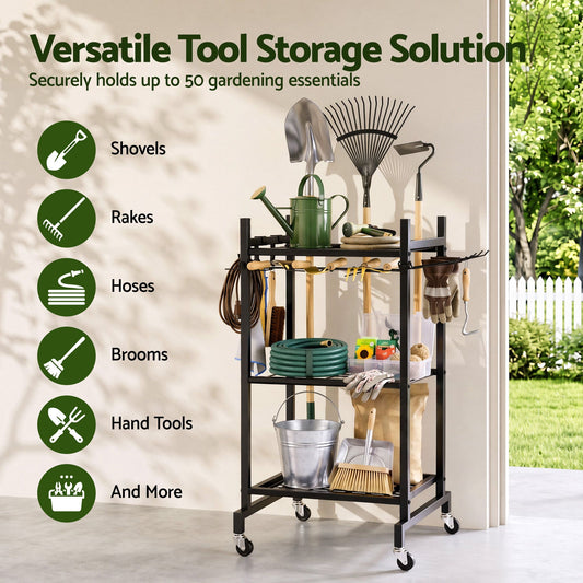 Black wheeled garden tool organiser cart holding rakes and shovels upright