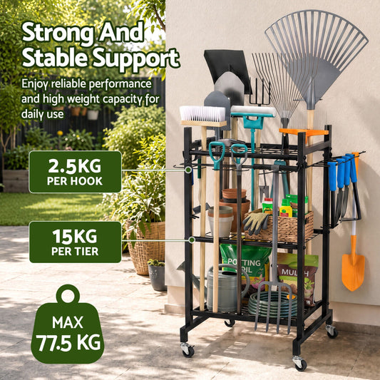 Black wheeled garden tool organiser cart holding rakes and shovels upright
