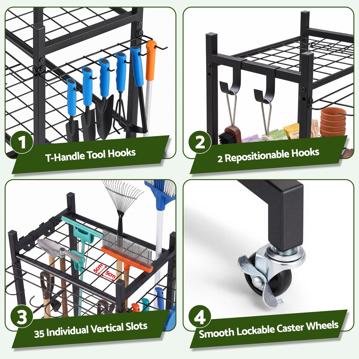 Black wheeled garden tool organiser cart holding rakes and shovels upright