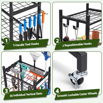 Black wheeled garden tool organiser cart holding rakes and shovels upright