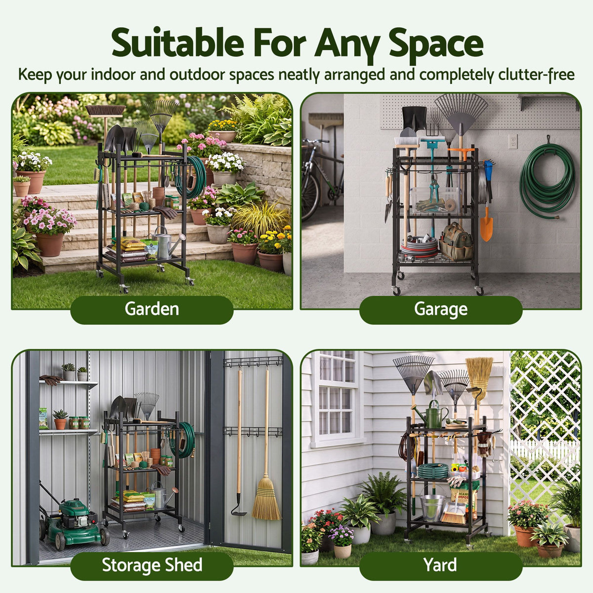 Black wheeled garden tool organiser cart holding rakes and shovels upright