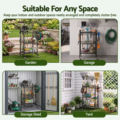 Black wheeled garden tool organiser cart holding rakes and shovels upright