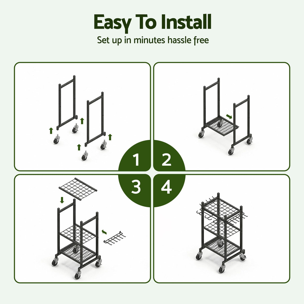 Black wheeled garden tool organiser cart holding rakes and shovels upright