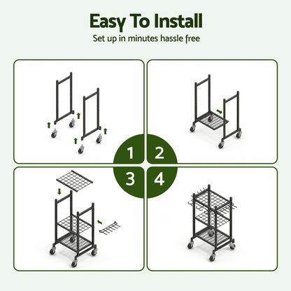 Black wheeled garden tool organiser cart holding rakes and shovels upright
