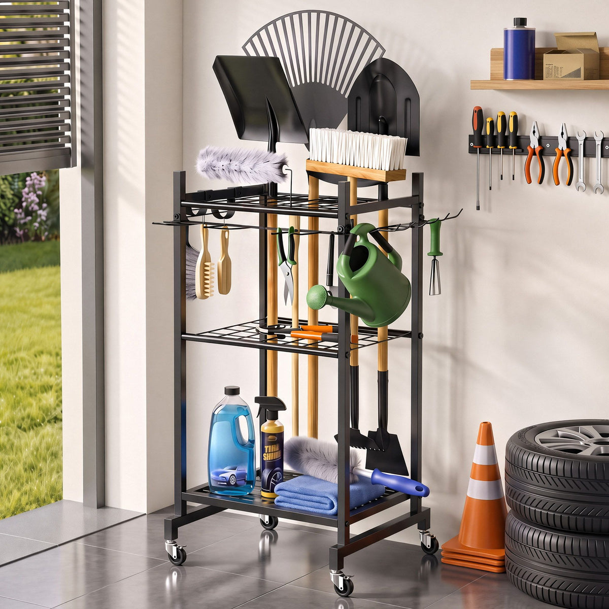 Black wheeled garden tool organiser cart holding rakes and shovels upright