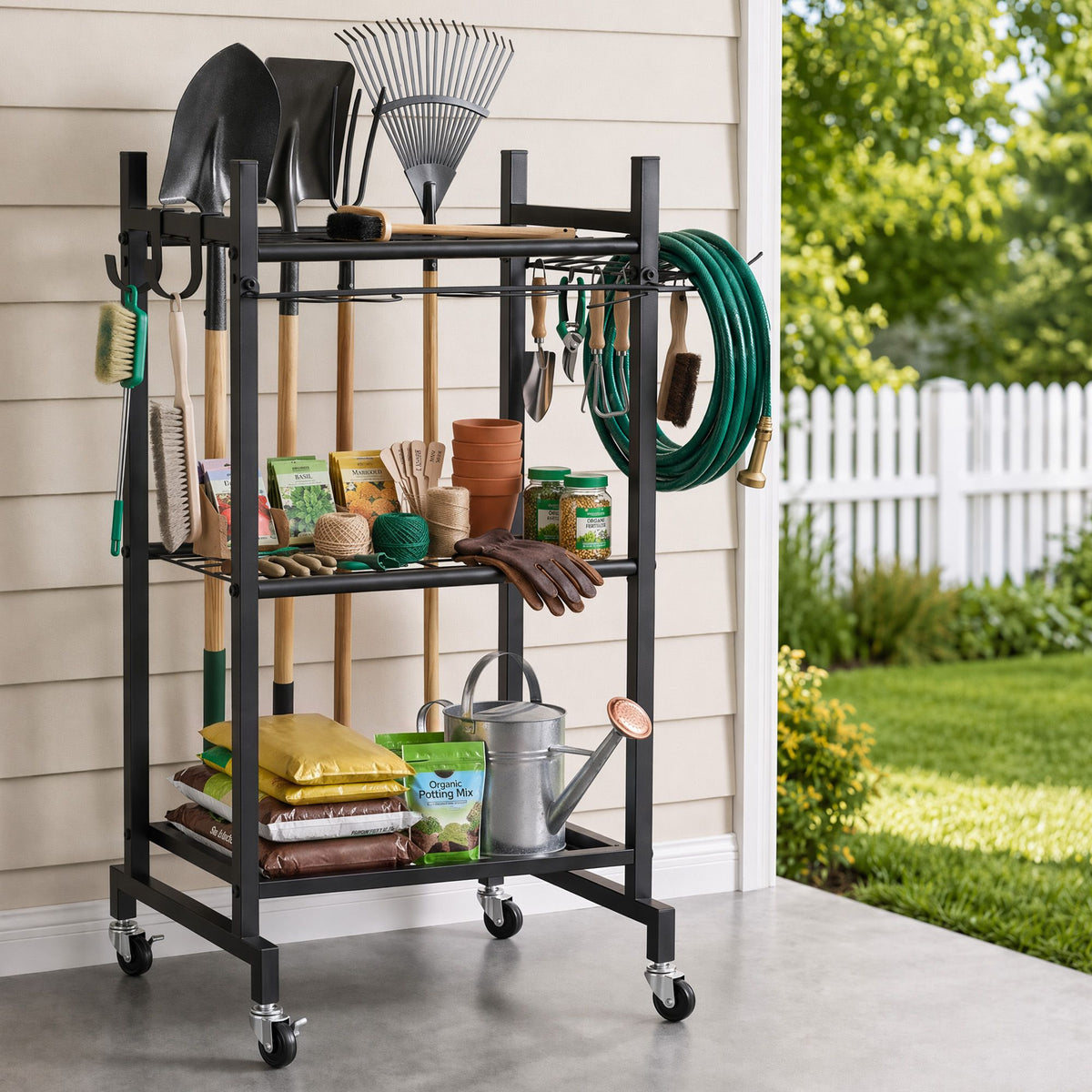 Black wheeled garden tool organiser cart holding rakes and shovels upright