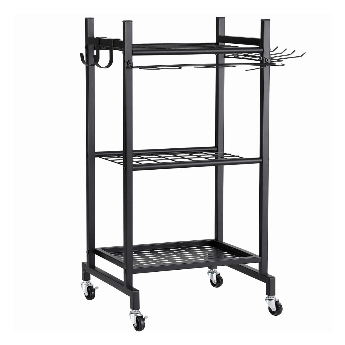 Black wheeled garden tool organiser cart holding rakes and shovels upright