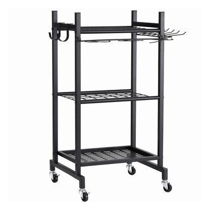 Black wheeled garden tool organiser cart holding rakes and shovels upright