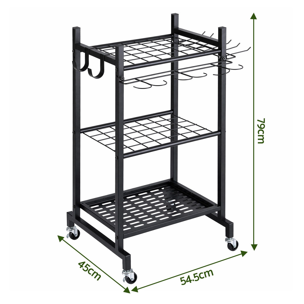 Black wheeled garden tool organiser cart holding rakes and shovels upright