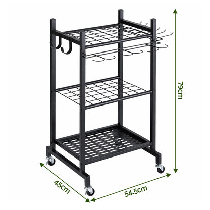 Black wheeled garden tool organiser cart holding rakes and shovels upright