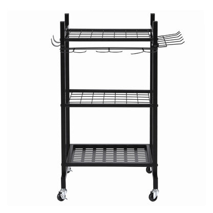 Black wheeled garden tool organiser cart holding rakes and shovels upright