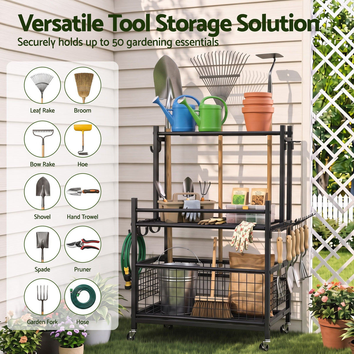 Black steel garden tool organiser with wheels, slots, hooks and a storage basket